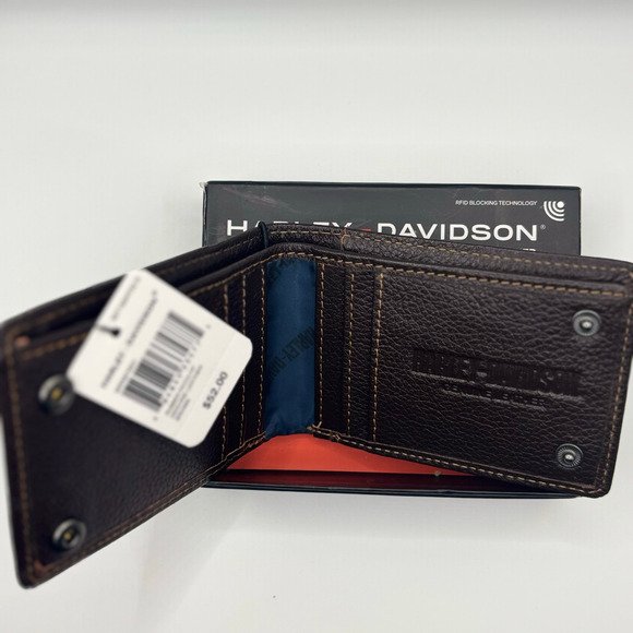 Harley Davidson Mens Genuine Leather RFID Bifold Wallet MWM079/01 Brown - Picture 9 of 13